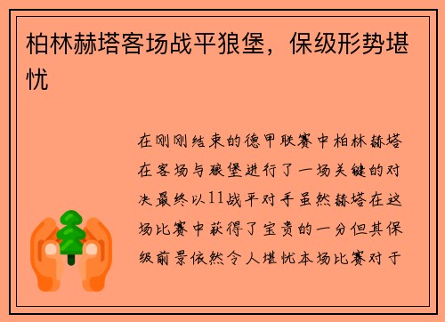 柏林赫塔客场战平狼堡，保级形势堪忧